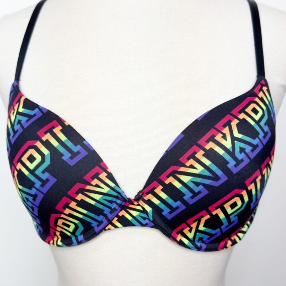 Victoria's Secret PINK Wear Everywhere Push-Up Bra Diagonal Icon Rainbow 36C